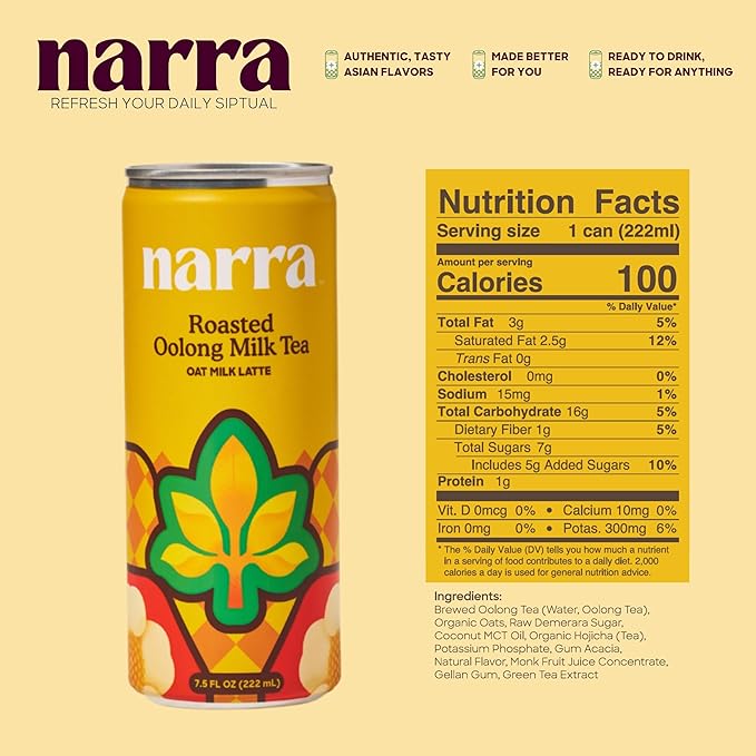 Narra, Oat Milk Tea Latte Variety Pack - Black Tea, Roasted Oolong, Strawberry Matcha, Natural Caffeine & L-Theanine, Organic Oat Milk, MCT Oil, Dairy Free, Non-GMO, 7.5 Fl Oz (6 Pack)