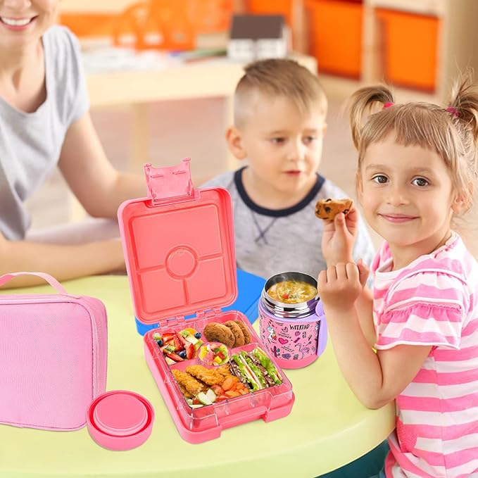 Bento Lunch Box Set With 10oz Soup Thermo, Leak-proof Lunch Containers with 4 Compartment, Kids Hot Thermo Food Jar/Insulation Lunch Bag, Food Containers for School（Flamingo）