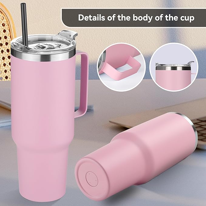 HASLE OUTFITTERS 40 oz Stainless Steel Tumbler with Handle, Vacuum Insulated Tumblers Bulk, Reusable Double Wall Travel Coffee Mug, Durable Powder Coated Water Bottle(Pink, 8)