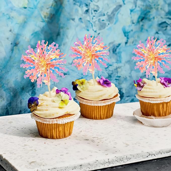 Ephlyn 30Pcs Foil Firework Cupcake Toppers Happy Birthday Cake Toppers Tinsel Flower Drink Stirrers Cocktail Food Fruit Toothpicks for Valentine's Day Party Decorations Orange