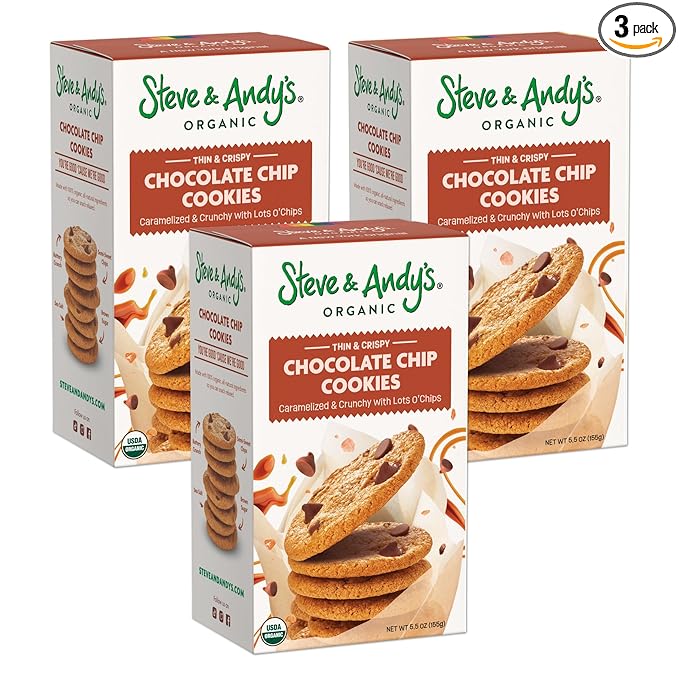 “Steve & Andy’s Thin & Crispy Scrumptious Chocolate Chip Cookies - Organic & Gluten Free, Non-Gmo, Nut Free, Wheat Free, Soy Free - 3 Boxes,16.5 Oz (30 Cookies)