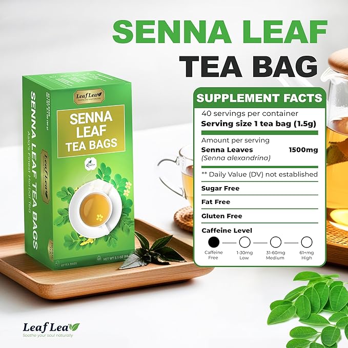 LeafLea 40 Senna Tea Bags – 100% Pure Senna Leaves, Herbal Laxative Tea for Gentle Constipation Relief, Caffeine-Free, Sugar-Free, Gluten-Free, Non-GMO, Vegan, Supports Digestive Health