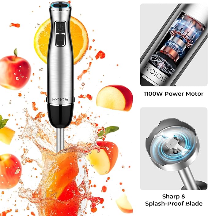 KOIOS Immersion Blender, 1100W 5-in-1 Multi-Purpose Hand Blender, 12-Speed, 600ml Beaker, 500ml Chopper, Egg Whisk, Milk Frother, Black