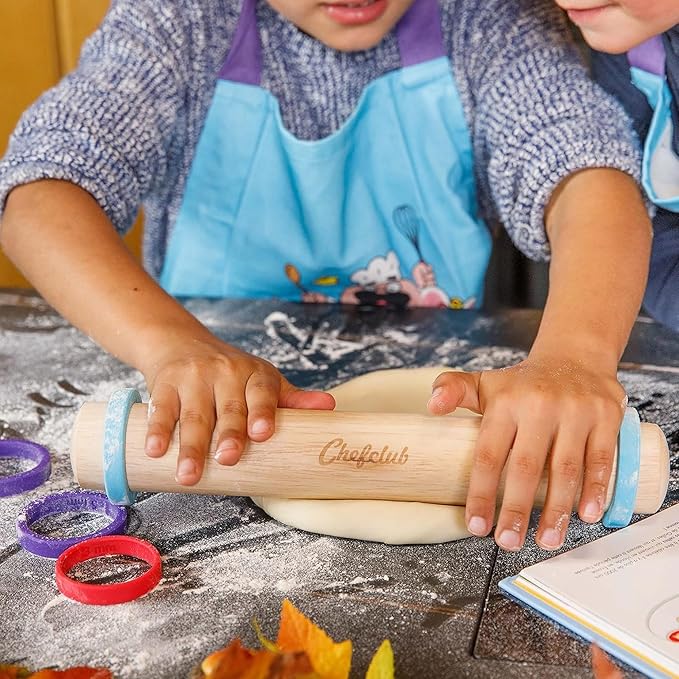 Adjustable Wooden Rolling Pin - 3 Removable Silicone Rings - Perfect for Baking & Pastry, Pizza, Pie, Cookie Dough - Precision Baking Tool for Kids