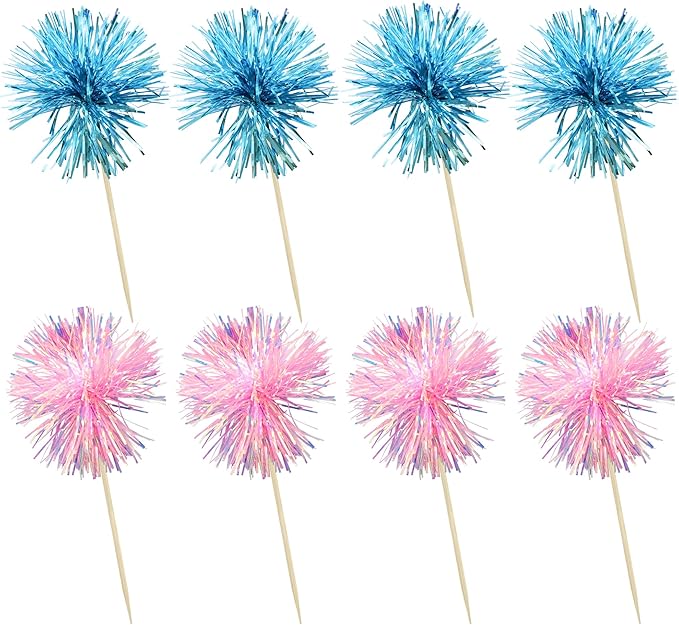 Ephlyn 30Pcs Foil Firework Cupcake Toppers Sparkle Tinsel Cupcake Picks Happy Birthday Cake Decorations Drink Stirrers Cocktail Food Toothpicks for Baby Shower Graduation Party Supplies Blue Pink