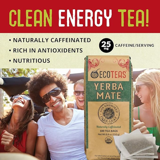 ECOTEAS Premium Organic Yerba Mate Tea Bags – Natural Energy & Detox Herbal Tea – Coffee Alternative - Kosher, Non-GMO, Gluten-Free - 100 Unsmoked Bulk Bags, 8.8 oz (Pack of 2)