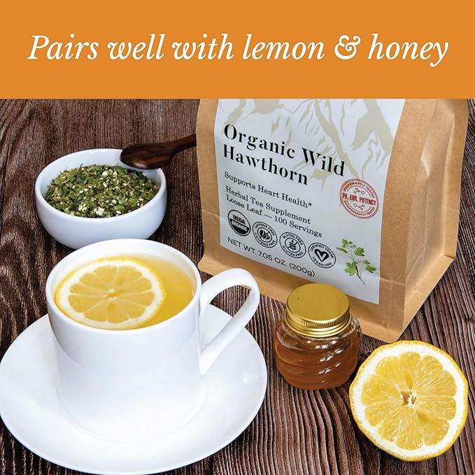 Organic Hawthorn Tea - Caffeine Free Loose Leaf and Flower Herbal Tea - Pharmacopoeia Potency - 100 Servings