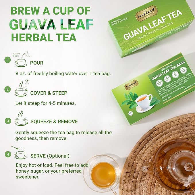 LeafLea Guava Leaf Tea, 80 Fresh-Sealed Tea Bags, Herbal Tea Made from Natural Guava Leaves (Hojas de Guayaba), Digestive Support & Immune Balance, Caffeine-Free, Sugar-Free, Pack of 2