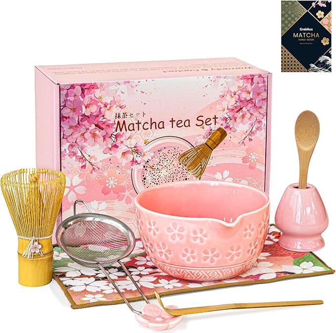 Matcha Whisk Set, Ceramic Matcha Set Includes Matcha Bowl, Whisk & Holder, Scoop, Sifter, Spoon, Scoop Rest, Tea Mat, Hand Book - 9 Pcs Kit for Matcha Lovers (Pink)