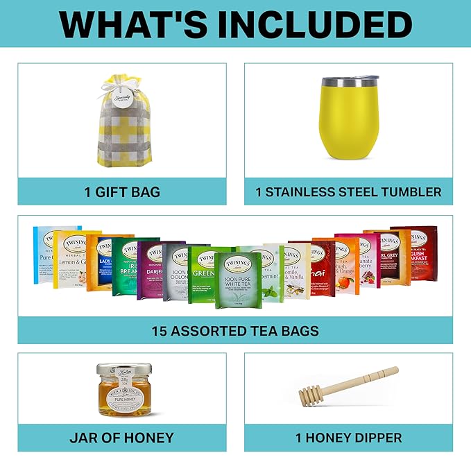 Tea Gift Set for Women & Men – Includes Assorted Teas, Elegant Mug & Honey (Yellow)