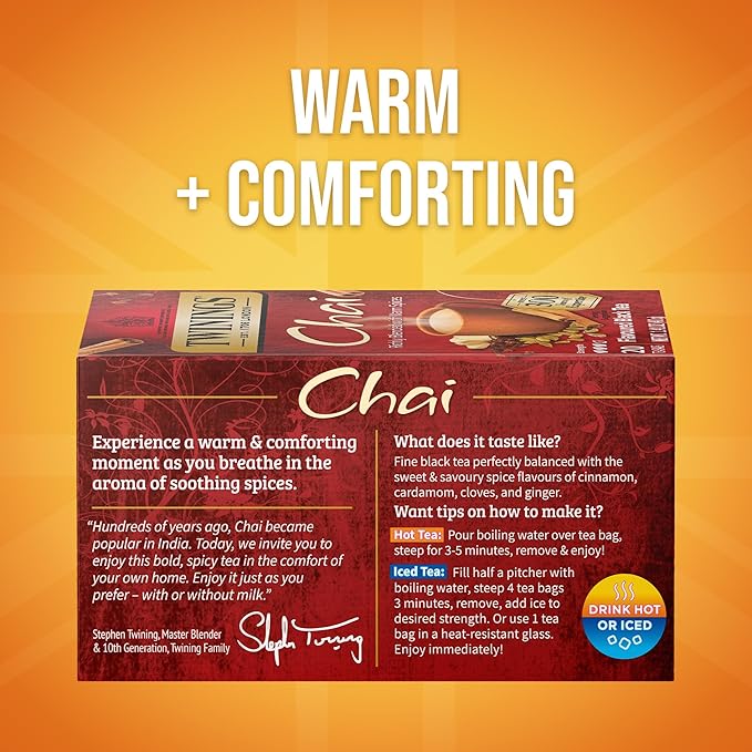 Twinings Chai Black Tea Individually Wrapped Bags, 20 Count (Pack of 6), Sweet, Savoury Spices, Caffeinated, Enjoy Hot or Iced, 120 Teabags
