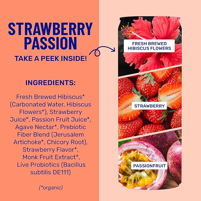 wildwonder Sparkling Probiotic Drink 12pk, For Gut Health & Immune Support, Strawberry Passion, 5g Prebiotic Fiber, Live Probiotics, Organic, Vegan, Low Sugar, 12 Pack, 12oz Can, As Seen on Shark Tank