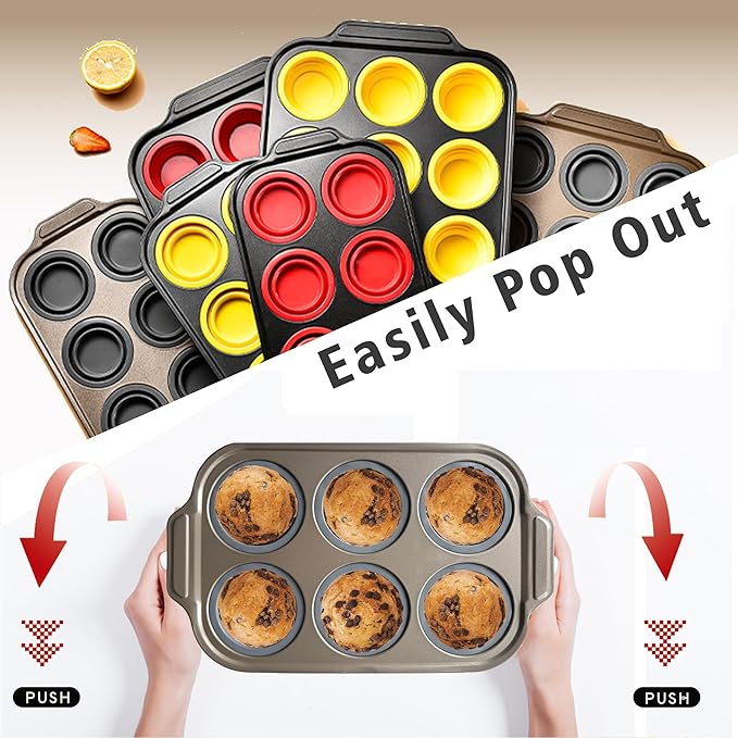 Silicone Muffin Pan Set, 6 Cups Cupcake Pan, With Metal Frame Nonstick Press to Easily Pop Out for Baking Homemade Muffins,Breads, Cupcakes, Egg Bites, BPA-Free Silicone (Grey, 6Cups)