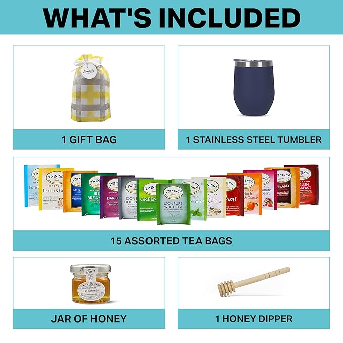 Tea Gift Set for Women & Men – Includes Assorted Teas, Elegant Mug & Honey (Blue)
