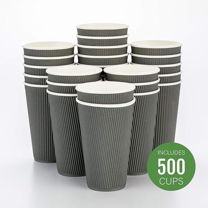 Restaurantware 16 Ounce Ripple Wall Disposable Coffee Cups, 500 Insulated Gray Paper Tumblers with Rolled Rim Design, Lids Sold Separately for Hot Drinks like Tea, Hot Chocolate and More
