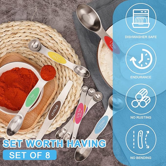 Aovchei 8 PCS Magnetic Measuring Spoons Set, Dual Sided, Stainless Steel Small Tablespoon, Teaspoons, Fits in Spice Jars, for Dry and Liquid, Multi-Color