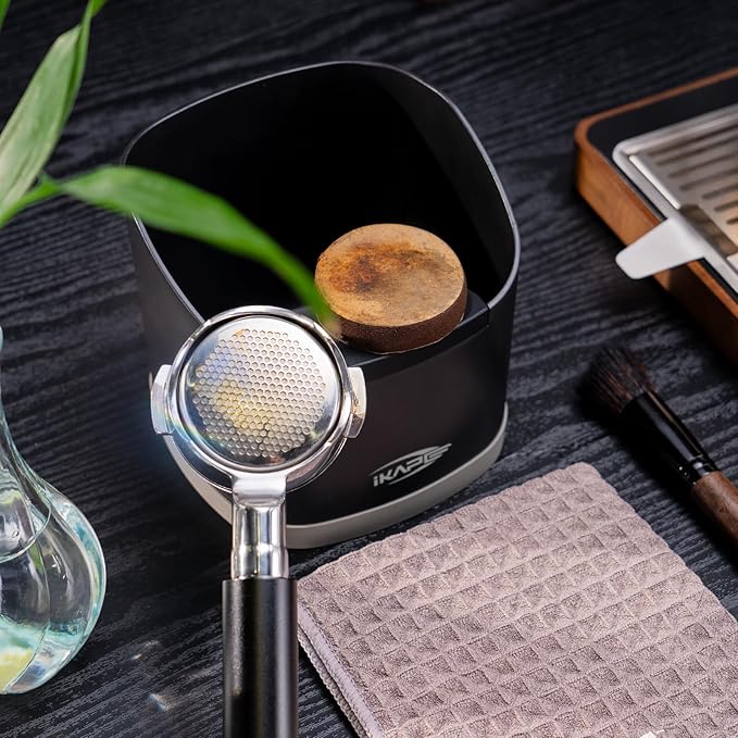IKAPE Espresso Kit 3 IN 1, Espresso Knock Box, Cleaning Towel & Brush for Barista-Grade Maintenance - Black Espresso Machine Coffee Puck Disposal Box