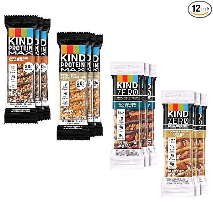 KIND Protein MAX and ZEROg Added Sugar Bundle Pack, High Protein Bars, Keto Snacks, (6) Protein MAX (6) Zero Added Sugar Bars, 4 Flavors, 12 Count Pack