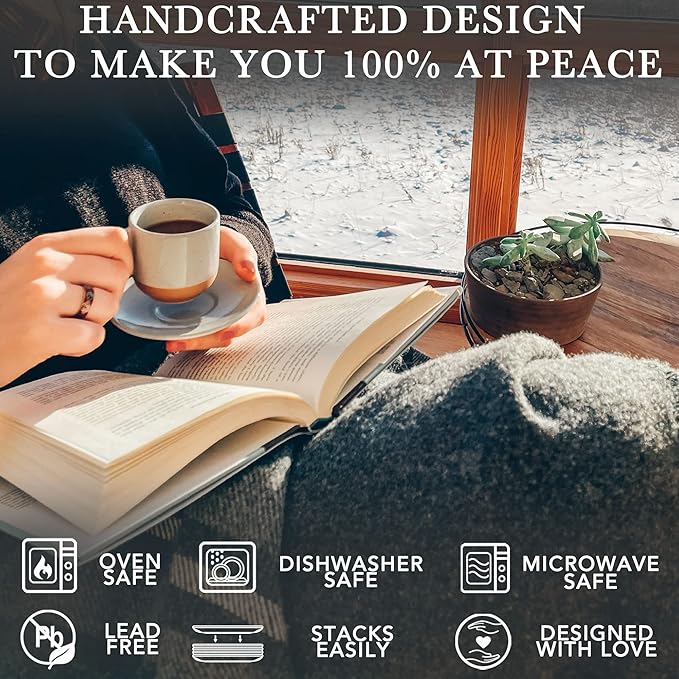 Mora Ceramic Mini Espresso Cups Set of 4, 3oz - Tiny Italian Inspired Mugs With Saucers For Small Shots of Coffee - Modern Boho Style For Any Kitchen or Cafe. Microwave Safe Porcelain - Asstd Neutrals