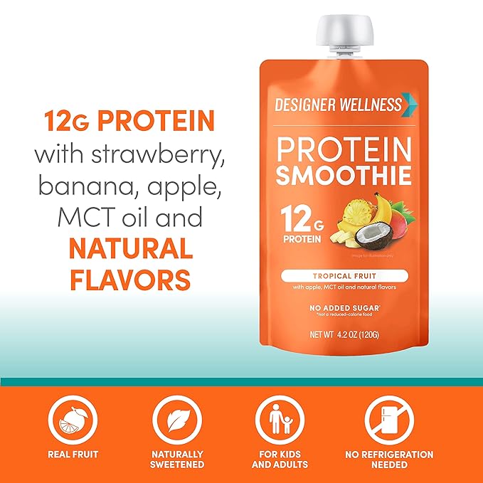 Designer Wellness Protein Smoothie, Real Fruit, 12g Protein, Low Carb, Zero Added Sugar, Gluten-Free, Non-GMO, No Artificial Colors or Flavors, Tropical, 12 Count