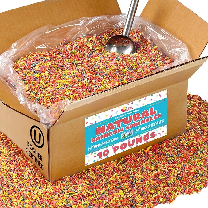 Bulk Natural Rainbow Sprinkles - 10 LB Wholesale - Kosher - Non-GMO, Dye-Free Jimmies - Bakery-Grade Sprinkles for Cakes, Ice Cream, Cookies, Catering & Large Events