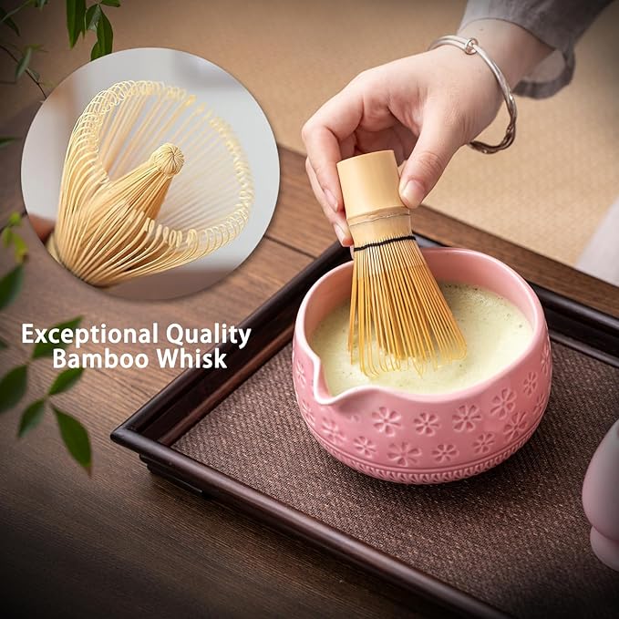 Matcha Whisk Set, Ceramic Matcha Set Includes Matcha Bowl, Matcha Whisk and Holder, Bamboo Scoop, Scoop Rest, Sifter and Tea Towel - 7 Pcs Matcha Kit for Matcha Lovers (Pink)