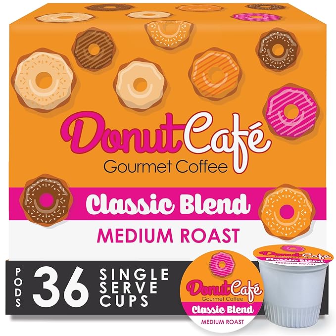Donut Café - Coffee Gourmet Pods, Classic Blend, Medium Roast – Non-GMO, Gluten Free – Compatible with Keurig K Cup Brewers – Smooth & Delicious – 36 Count