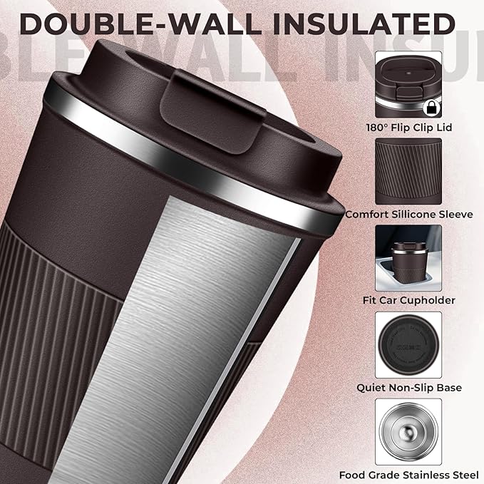 Insulated Coffee Tumbler 12 oz, Stainless Steel Coffee Mug with Lids, Travel Coffee Mug Leak Proof, Double Wall Vacuum Insulated Reusable Coffee Cup, Keep Drinks Hot and Cold, Dark Chocolate, 12 Ounce