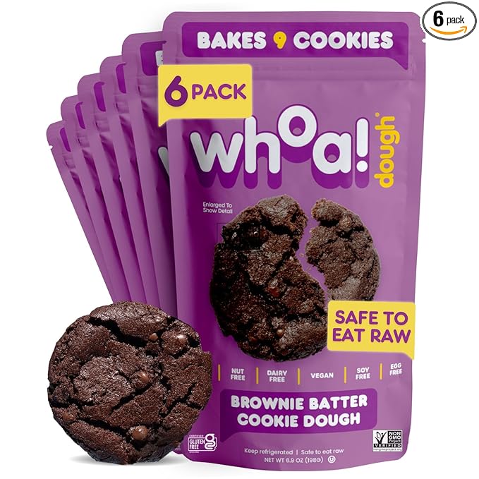 Whoa Dough Ready to Bake Cookie Dough Brownie Batter – Certified Non-GMO, Kosher, Gluten Free – Plant-Based Snack Dough Made with Real Ingredients – 6 Pack