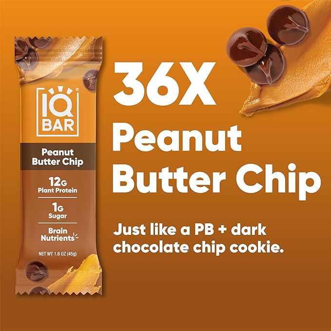IQBAR Brain and Body Plant Protein Bars - Peanut Butter Chip - 36-Count - Keto, Vegan, Low Carb, High Fiber, Gluten Free, Dairy Free, Low Sugar Snack with Nutrients for Focus, Energy, Meal Replacement