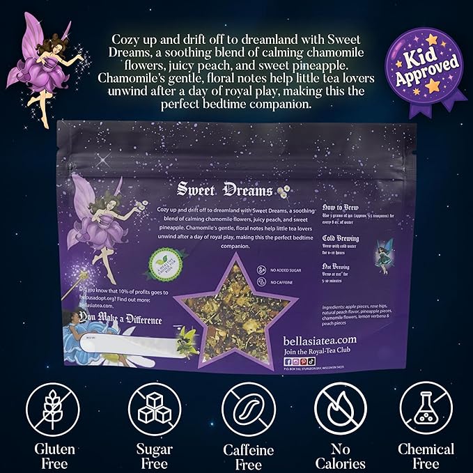 Bellasia Tea Sweet Dreams for Kids Using Real Fruit Pieces - Caffeine Free Herbal Tea Blend with Real Ingredients & Balanced Flavor- Add Loose Leaf Tea to Your Child’s Routine for A Fun & Tasty Drink. 20-25 Cups