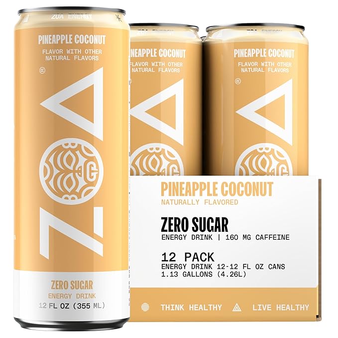 ZOA Zero Sugar Energy Drinks, Pineapple Coconut - Sugar Free with Electrolytes, Healthy Vitamin C, Amino Acids, Essential B-Vitamins, and Caffeine from Green Tea - 12 Fl Oz (12-Pack)