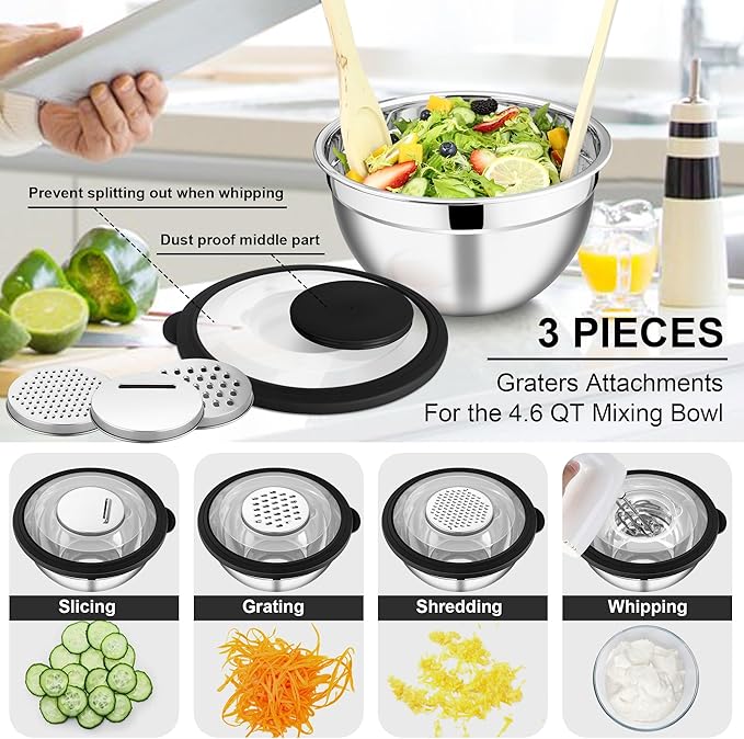 E-far Mixing Bowls Set of 5, Stainless Steel Salad Mixing Bowl with Transparent Lid, Metal Nesting Bowl Attach with 3 Graters for Kitchen Prepping/Serving/Baking/Storage, 4.6/2.6/1.5/1/0.7 QT - Black