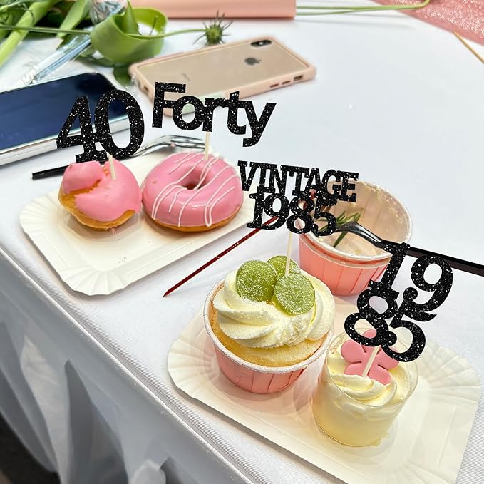 Gyufise 24Pcs Vintage 1985 Cupcake Toppers Glitter Cheers to 40 Fabulous Forty Cupcake Picks 40th Birthday Wedding Anniversary Party Cake Decorations Supplies Black