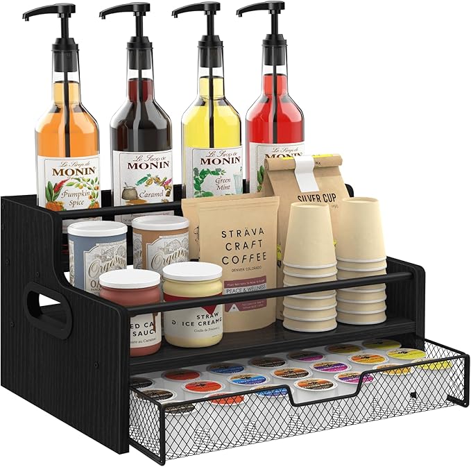 Homode 3-Tier Coffee Bar Organizer, 8 Bottle Syrup Stand with 35 Coffee Pod Storage Drawer, Rustic Wood & Metal Countertop Liquor Bottle Holder for Kitchen, Black