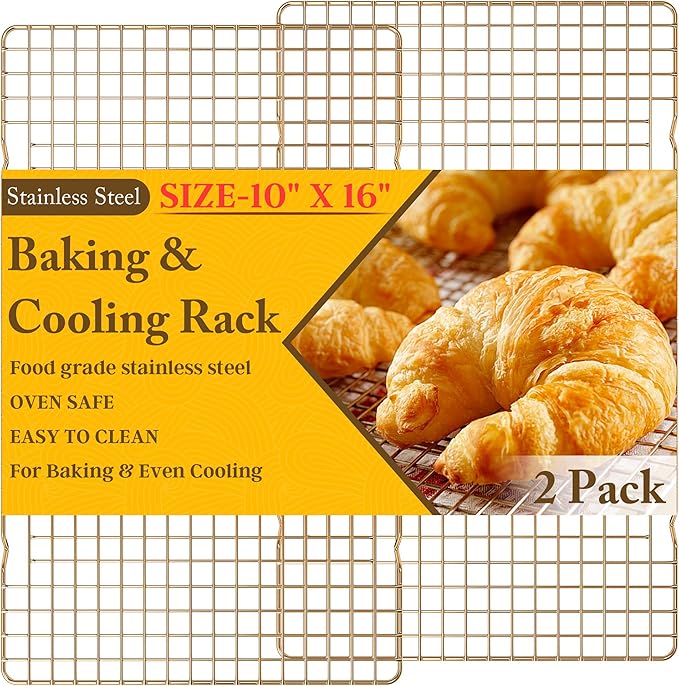 2PCS Cooling Racks for Cooking and Baking - 10" x 16"Heavy Duty Stainless Steel Wire Rack for Baking, Grilling, Roasting - Oven & Dishwasher Safe - Fits Half Sheet Pan（Gold）