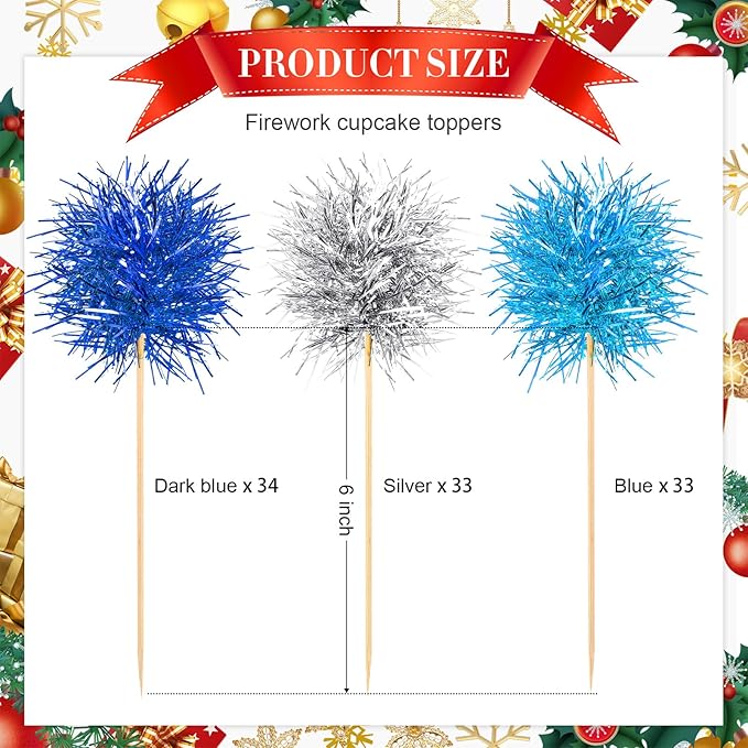 Chinco 100 Pcs Foil Firework Cupcake Toppers Sparkle Tinsel Cake Toppers Cake Decoration Cocktail Fruit Toothpick for Birthday Wedding Graduation Party(Dark Blue, Light Blue, Silver)