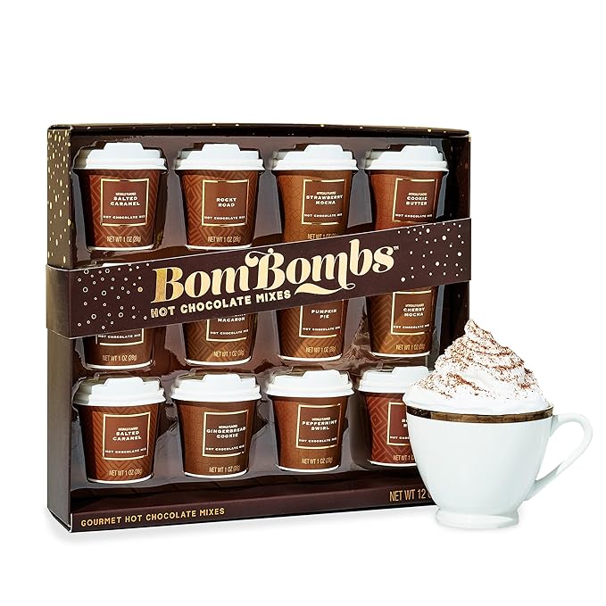 BomBombs Mini Hot Chocolate Gift Set in Signature Brown Packaging, Dessert Flavors Include Rocky Road, Cookie Butter, Pumpkin Pie & More, Set of 12
