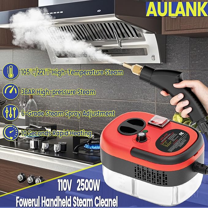 2500W Handheld Steam Cleaner,Portable Car Steamer For Auto Detailing,High-Temperature and Pressure Steam Cleaner For Home, Steam Cleaning Machine for Furniture,Kitchen,Grout,Floor,Tile (Red)