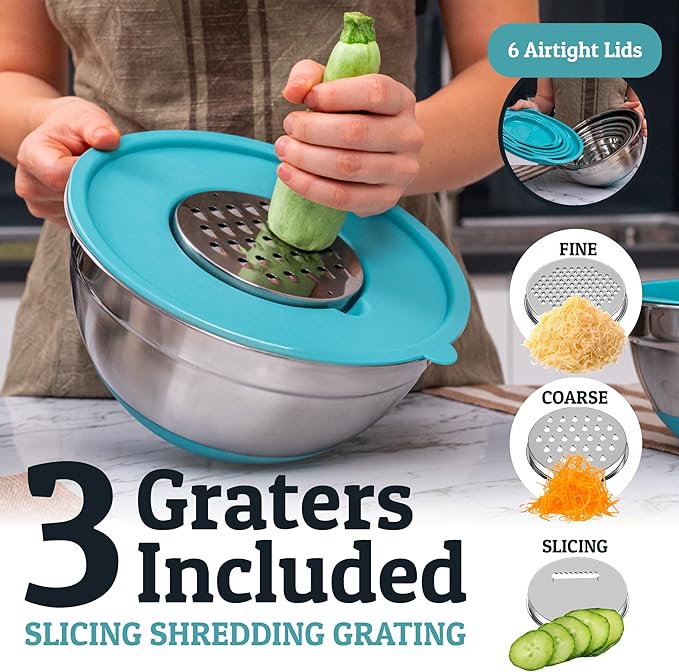 Priority Chef Stainless Steel Mixing Bowls with Lids Set - Premium 30Pcs with 6pc Metal Bowl Set for Kitchen, 3 Graters, Airtight Lids, Non-Slip Bases & Silicone Utensils, Turquoise