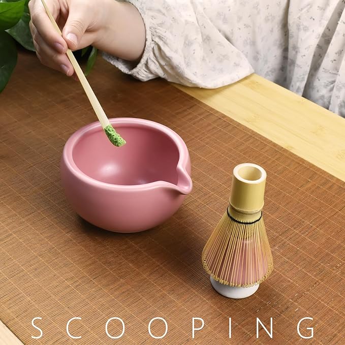 Artcome Complete Matcha Tea Ceremony Kit - Bowl, Whisk, Whisk Holder, Tea Scoop - For Usucha, Koicha, Matcha Latte (Pink)
