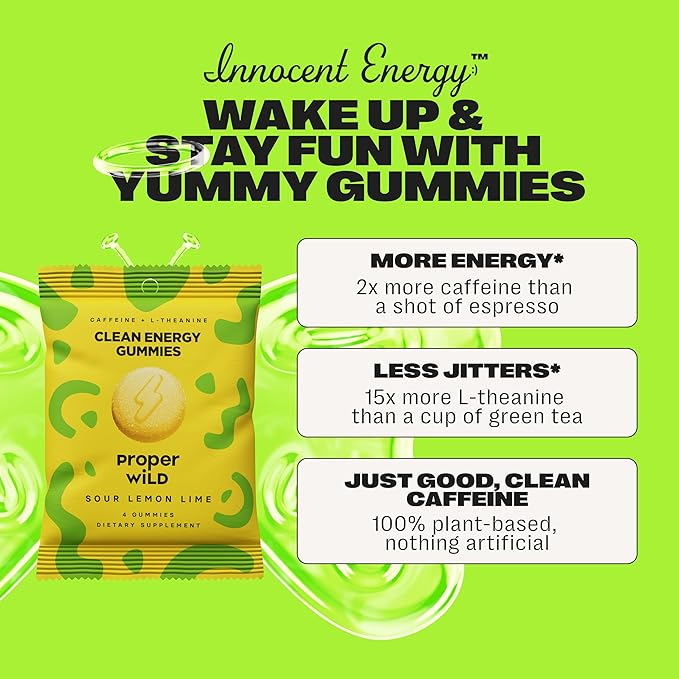 Proper Wild Vegan Energy Gummies with L-Theanine & Organic Caffeine, Clean Energy & Focus, Plant-Based Energy, Gluten-Free, Non-GMO, Dairy-Free, Stevia-Free, Soy-Free, Sour Lemon Lime (10-Pack)