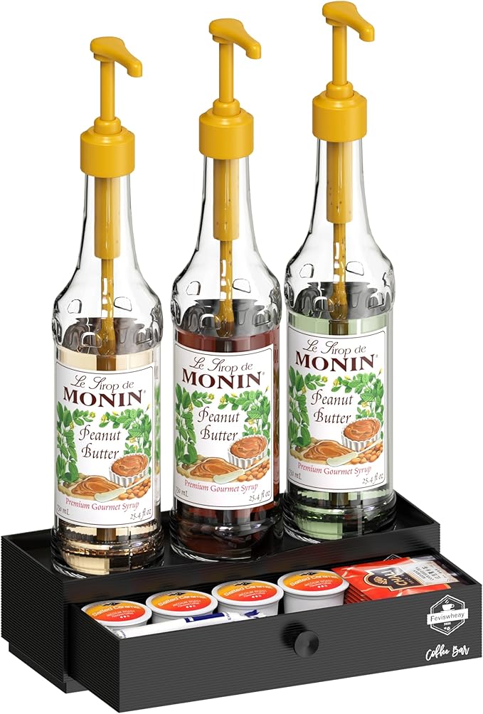 Coffee Syrup Rack Organizer,Syrup Bottle Holder Stand with K Cup Pod Drawer Storage.3 Bottles Storage Shelves for Syrup,Wine,Compact Design for Coffee Bar and Small Spaces