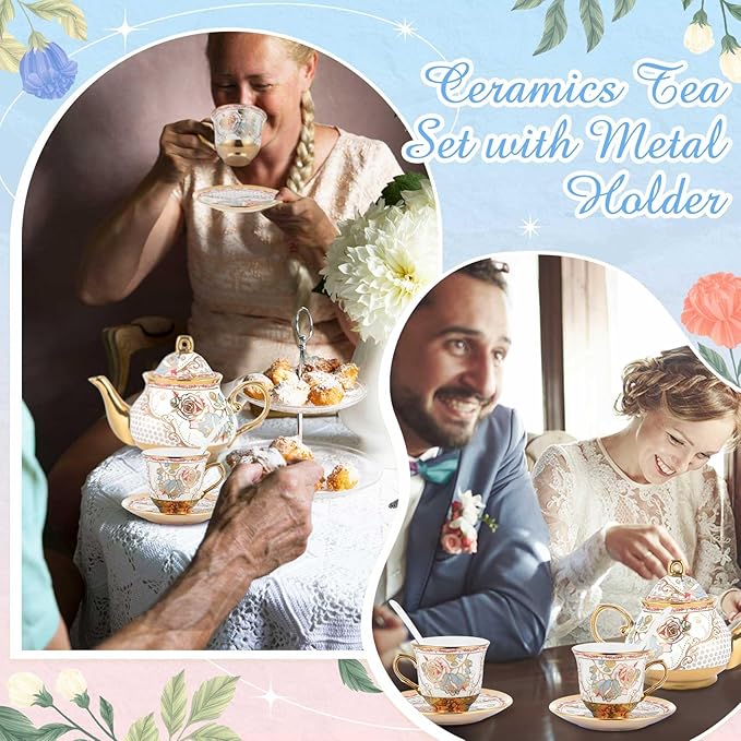 Zhehao 20 Pcs Porcelain Tea Set with Metal Holder and Spoon Adult Ceramic Tea Party Set European Flower Painting Teapot Cup Saucer Spoon Set for Women, Large Version(Minimalist Style)