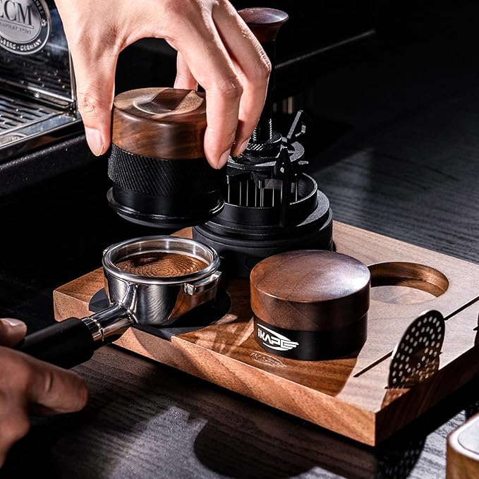 IKAPE 51MM Espresso Tamper, New Wooden Handle Design，Premium Barista Coffee Calibrated Tamper with Spring Loaded, 100% Stainless Steel Tamper Compatible with All 51MM Bottomless Portafilter
