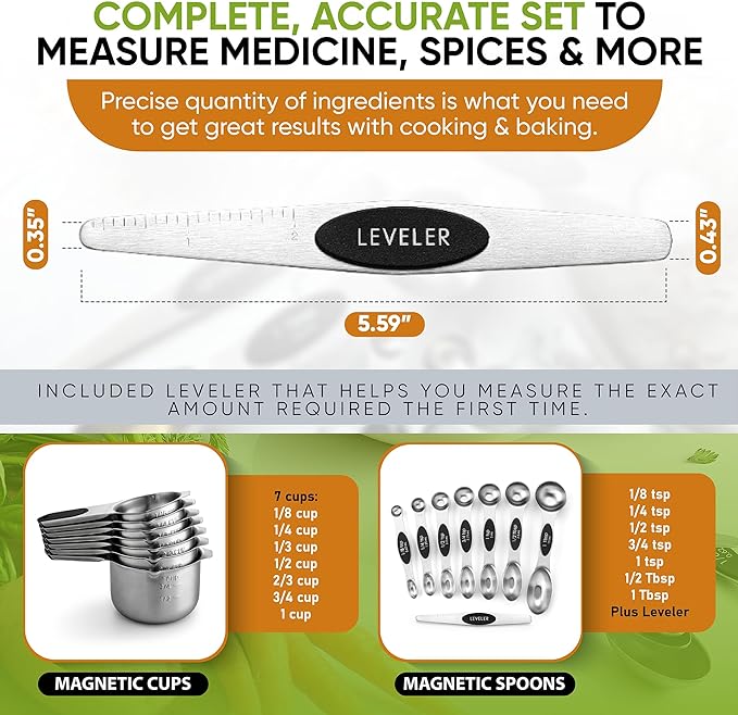 Spring Chef Magnetic Measuring Cups & Spoons Set (Patent Pending), Strong N45 Magnets, Heavy Duty Stainless Steel Fits in Spice Jars for Baking & Cooking, BPA Free, Round Set of 15 with Leveler, Black