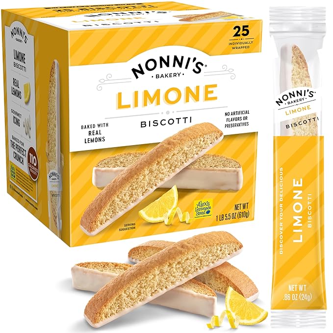 Nonni's Limone Lemon-Iced Biscotti Cookies – Individually Wrapped Italian Tea-Time Snack, Crunchy Twice-Baked, 110 Cal Each, 21.5 oz Carton