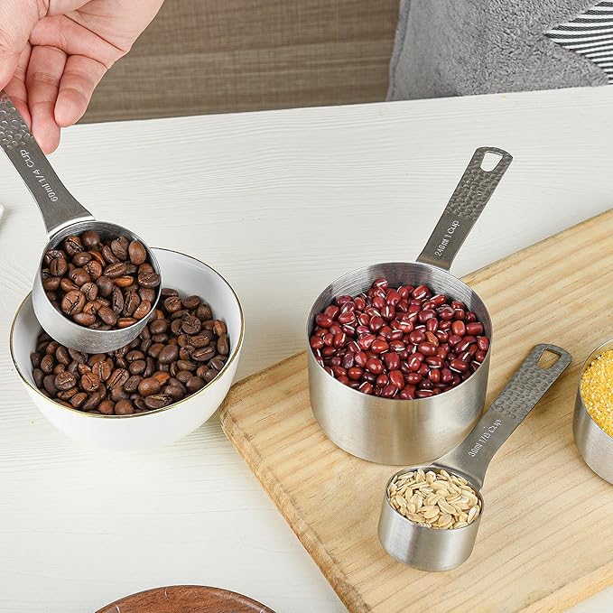 Measuring Cups and Spoons Set 10, 18/8 Stainless Steel Measuring Cups and Spoons Set for Baking & Kitchen, Metric & US Metal 4 Measuring Cups and 5 Measuring Spoons with 1 Leveler