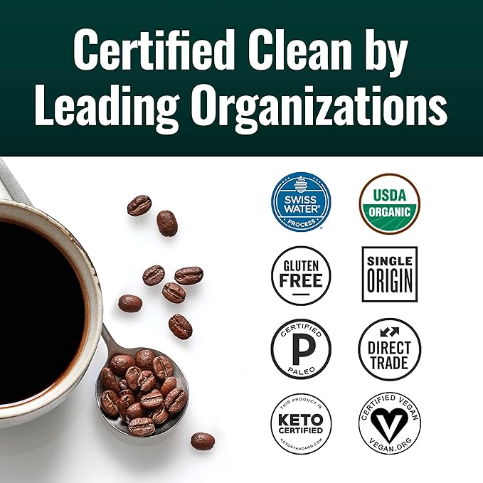 Natural Force - Organic Clean Decaf Coffee, Mold & Mycotoxin Free, Lab Tested for Toxins & Purity, Low Acidity, Whole Bean Swiss Water Decaf Medium Roast, 12 oz