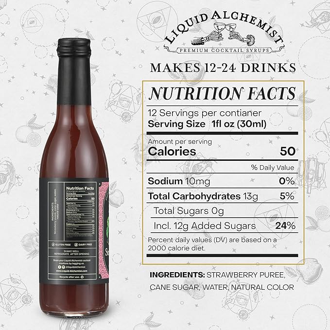Liquid Alchemist Strawberry Syrup for Drinks - Real Ingredients Make our Strawberry Puree for Drinks a Perfect Margarita Mix - Our Flavored Syrup is Gluten & Dairy Free (12.7 oz)